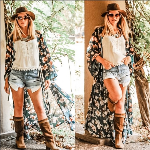 TEAL FLORAL BOHEMIAN OPEN FRONT MAXI LENGTH KIMONO - Picture 4 of 8